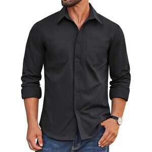 Coofandy Men Button Down Untucked Long Sleeve Woven Shirt with Pockets